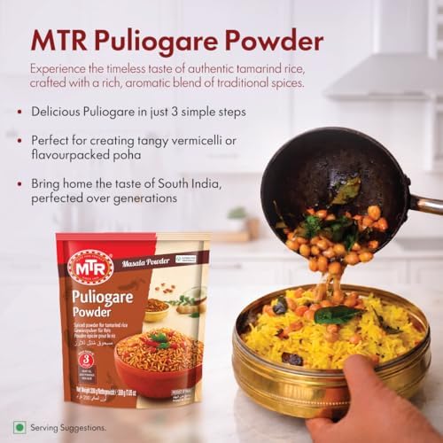 MTR Puliogare Powder – Authentic Indian Spice Blend of Tamarind, Coconut, Red Chilli, Jaggery, Peanuts, Coriander, Curry leaves and Sesame – Ideal for Tamarind Rice in 3 Easy Steps – 200g