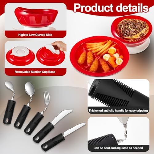 Maxcheck 7 Pcs Spill Proof Scoop Bowl and Partitioned Plate Set with Suction Base and Adaptive Utensils Set Non Slip Weighted Angled Silverware Adaptive Self Feeding Dinnerware for Elderly Disabled