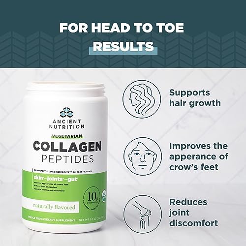 Ancient Nutrition Vegetarian Collagen Peptides, Collagen Peptides Powder, Collagen Powder with Natural Flavor, Prebiotics and Probiotics, Supports Healthy Skin, Hair, Joints, Digestion, 28 Servings