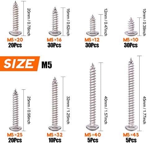 150Pcs M5 304 Stainless Steel Round Pan Head Phillips Cross Screws Drive Self-Drilling Screws Assortment Kit