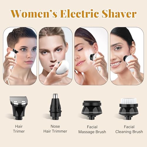 Electric Razors for Women Legs, 5 in 1 Electric Shaver for Women Private Area - Bikini Trimmer for Body Facial Hair Removal, Wet Dry Use Trimmer Cordless Rechargeable Lady Shaver with LED Display