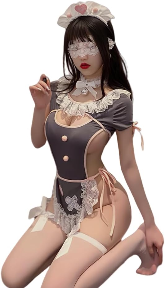 sexy Maid Outfit Anime Hallowee Cosplay Costume Japanese Sweet Apron Fancy Lace Up One Piece Party Lingerie Bodysuit Costume with Socks