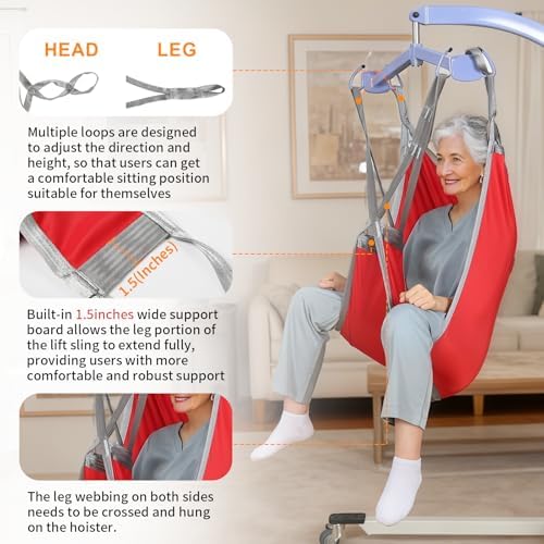 Patient Lift Divided Leg Sling – Heavy Duty 500 lbs Capacity, Easy Hygiene Access with Handles & Pocket, Machine Washable – Small/Medium/Large for Elderly, Disabled & Bariatric Care (Red, L)