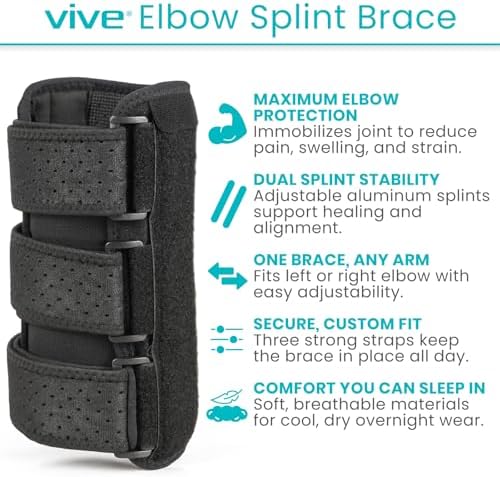 Vive Elbow Splint Brace for Tendonitis, Cubital Tunnel, Sleep Support, Tennis Elbow - 2 Removeable Splints That Stabilize Joint for Pain Relief - Arm Compression Sleeve Immobilizer for Men and Women