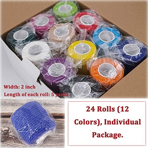 WeTop 24 Pack Self Adhesive Bandage Wrap 2 Inch, Athletic Elastic Non Woven Cohesive Bandage for Sports, Wrist, Ankle Sprains, Swelling and Vet Wrap (Rainbow)