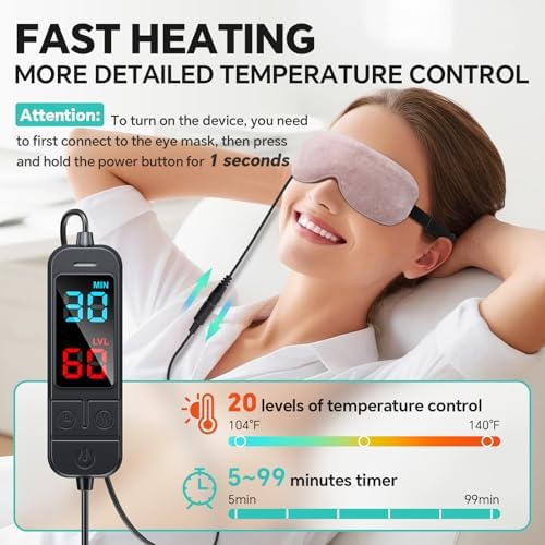Heated Eye Mask for Dry Eyes, Stye & Migraines Relief - USB Electric Warm Compress with 20 Temp/Time Settings, Washable Flaxseed Cover for MGD, Blepharitis & Eye Strain