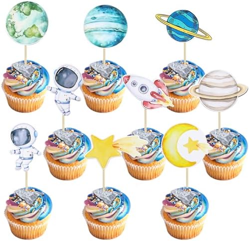 Ephlyn 36Pcs Space Astronaut Cupcake Toppers Planet Rocket Spaceship Trip to the Moon Star Cupcake Food Picks Universe Outer Space Theme Baby Shower Kids Birthday Party Supplies Blue