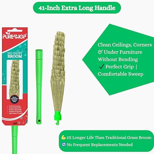 No Dust Broom, XL Size, Indian Style Jhadu, Washable Fiber, Comfort Grip Handle, Long-Lasting Bristles for Home Floor Cleaning