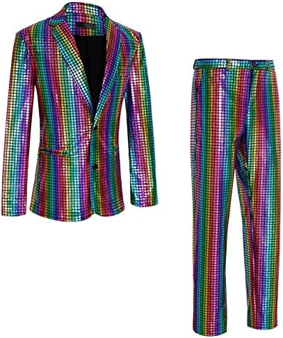 Men's 70s Disco Outfit Rainbow Suit Sequin Jacket and Pants Halloween Party Costume