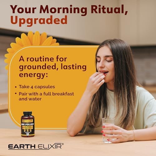 Earth Elixir 3-in-1 Organic Bee Pollen Capsule – Non-GMO, Pure Raw Bee Pollen, Royal Jelly, Propolis Extract for Women & Men – Natural Energy, Immune & Vitality Support – 180 Propolis Capsules