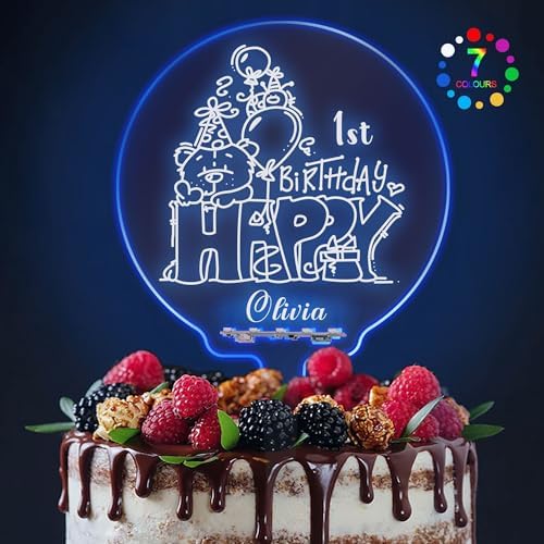 LED Personalized Happy Birthday Cake Toppers 7 Colour Changes Light Up Birthday Cake Topper Acrylic Cake Toppers Cake Decorations for 1st 10th 16th 18th 20th 21st 30th 40th 50th 60th 70th(Design 2)