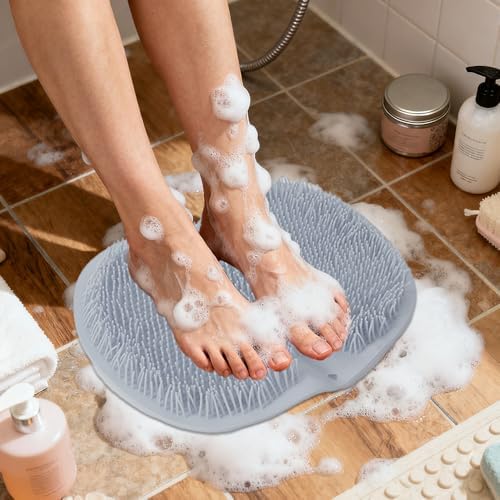 Shower Foot Scrubber Mat Silicone Foot Scrubber in Shower 2 Pcs Silicone Showers Foots Brush Pad Exfoliating Showers Back Scrubbers Wall Mounted with Non-Slip Suction Cups for Men Women, Pink and Gray