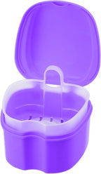 Denture Soaking Cup Dental Retainer Case Cleaning with Strainer Basket, Orthodontic Bath Box Mouthguard Storage Holder - Purple
