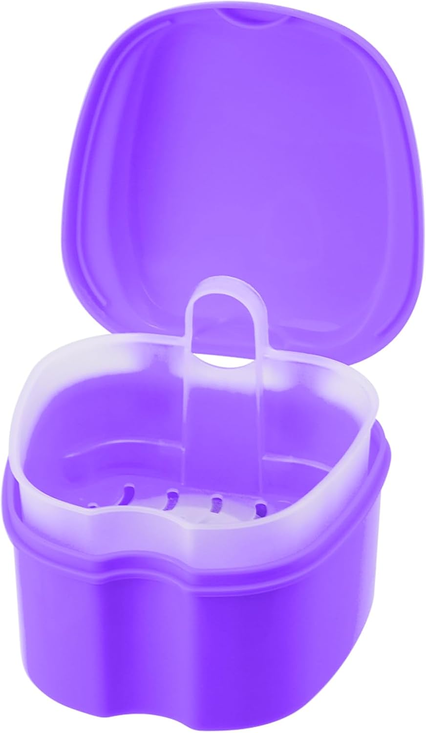 Denture Soaking Cup Dental Retainer Case Cleaning with Strainer Basket, Orthodontic Bath Box Mouthguard Storage Holder - Purple