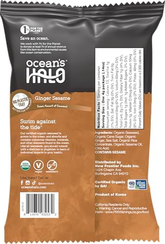 Ocean’s Halo Organic Seaweed Snacks – Ginger Sesame, Trayless, Vegan, Crispy Salty Snacks, 20-Pack (0.14 oz each)