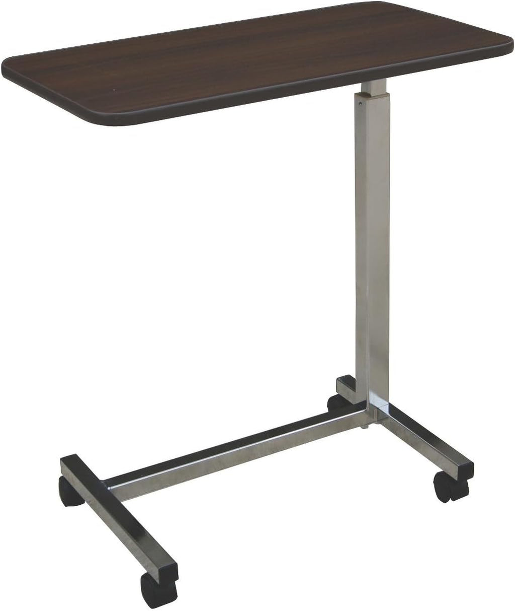 Medline Economy Overbed Table with Wheels - Versatile Use for Home, Nursing Home, Assisted Living or Hospital - Walnut Top, Silver Hammertone Base - Adjustable & Portable
