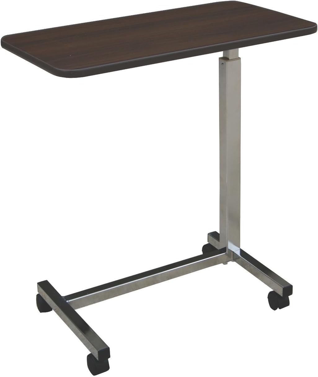 Medline Economy Overbed Table with Wheels - Versatile Use for Home, Nursing Home, Assisted Living or Hospital - Walnut Top, Silver Hammertone Base - Adjustable & Portable