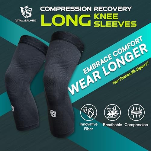 Vital Salveo Long Compression Knee Sleeve,Stiffness, Fatigue Relief, Circulation, Germanium Recovery for Women and Men, 3D Knit Breathable for Basketball, Sports, and Daily Wear (1 PC) X-Large