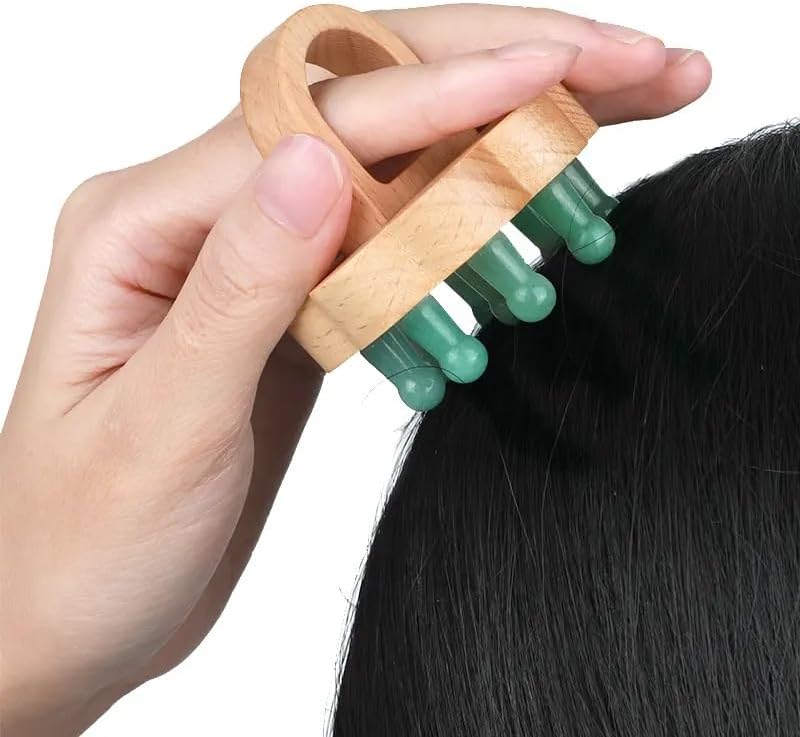 Scalp Massage Comb, Natural Jade Gua Sha and Wooden Massage Brush, Head Massager for Stress Relax,Scalp Care, Body Guasha Tool for Meridian, Cellulite Removing and Neck Lymphatic Drainage