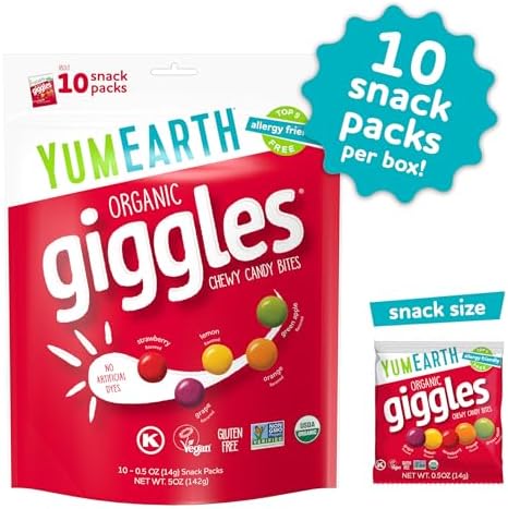 YumEarth Organic Giggles Chewy Candy - Allergy Friendly (Top 9 Free), No Artificial Dyes, Non GMO, Gluten Free, Vegan - Individually Wrapped Fruity Snack Packs - 0.5 Ounce (Pack of 10)