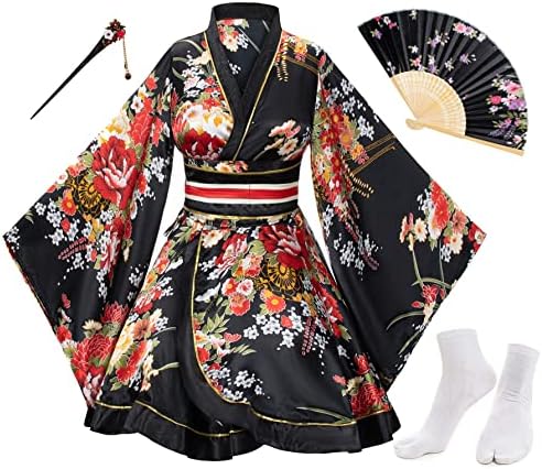 Japanese Anime Women's Dance Kimono Robe Fancy Dress Hand Held Silk Folding Fans Tabi Hairstick Socks Set