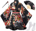 Japanese Anime Women's Dance Kimono Robe Fancy Dress Hand Held Silk Folding Fans Tabi Hairstick Socks Set