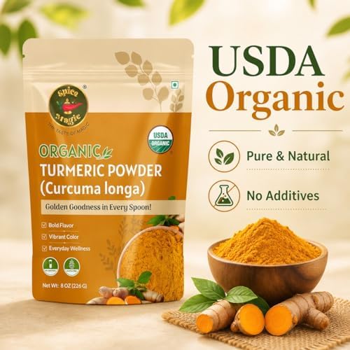 Spice Magic Organic Turmeric Powder, 8oz (226 g) | Haldi/Curcuma | Lab Tested for Heavy Metals | Non-GMO, Gluten-Free | Finely Ground for Cooking, Golden Milk & Baking | Product of India