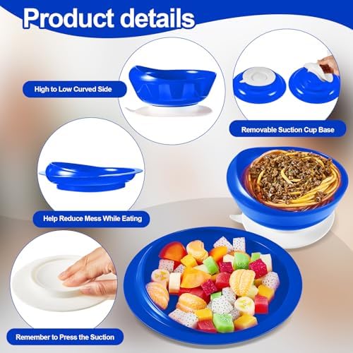 Hushee 1 Set Adaptive Spill Proof Scoop Bowl and Plate Set with Suction Base Non Skid Self Feed Suction Dinnerware for Elderly Disabled Handicapped from Parkinsons Tremor (Blue)