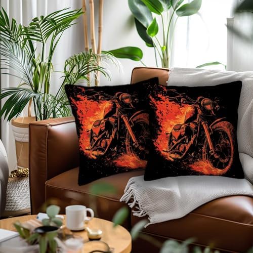 Flaming Motorcycle Pillow Covers 18x18 Set of 2 | Biker Decorative Cushion Cases | Fire Motorbike Pillowcases | Bold Garage Throw Covers for Sofa Living Room Bedroom Decor
