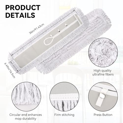 36 Inch Dust Mop Head: Replacement Medium Washable Commercial Mop Head Sweeper and Janitorial Replacement with Botton (White - 36 Inch, 3 Pack, Botton)