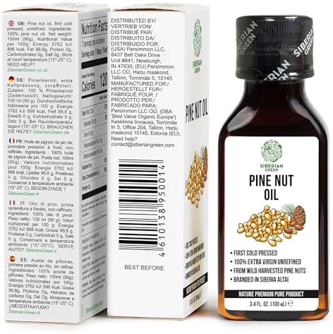 Siberian Pine Nut Oil | 100% Natural Extra Virgin Cold Pressed 100 ml / 3.4 fl oz | Unrefined Raw No-GMO Vegan | Exclusive Healthy Diet Food Grade