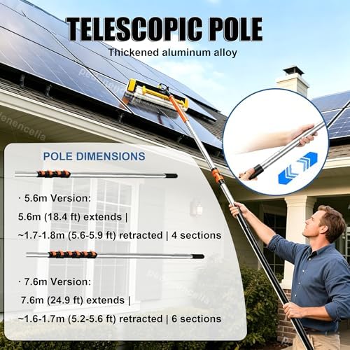 Electric Solar Solar Panel Cleaning Tool, 60cm/23.6” Brush 380 RPM Brushless Motor, 5.6m/18.4ft Telescopic Rod, Cordless 29,000mah Battery – Pbt Bristles, Dry/Wet Dualpower-5.6m/18.4ft