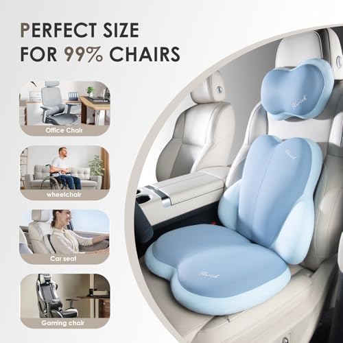 FLORICH 3 PCS Seat Cushion for Carseat Lumbar Support Pillow Car Neck Headrest Pillows Ultrathick Memory Foam Seat Pads Pressure Relief Back Cushion for Office Chair(Blue)