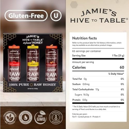Jamie's Hive to Table Infused Honey Gift Set – Hot, Lemon, and Cinnamon Flavors, 36 Oz, Pack of 3 Squeeze Bottles – 100% Natural Raw Honey