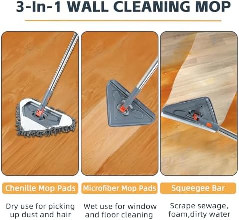 Long Handle Wall Mop & Baseboard Cleaner - Multi-Surface Dusting Tool for Walls, Floors, Baseboards - Wet/Dry Cleaning Mop with Adjustable Handle (Home & Kitchen Use)