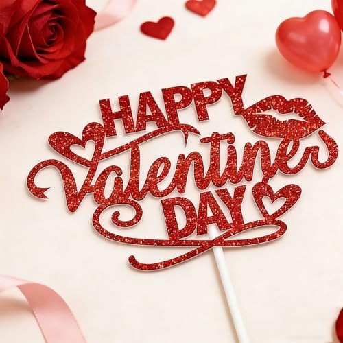 Valentine's Day Cake Toppers, 10PCS Red Glitter Hearts Cupcake Toppers Happy Valentine's Day Topper for DIY Cake Dessert Decor, Valentine Party Supplies Holiday Baking Decorations Gift