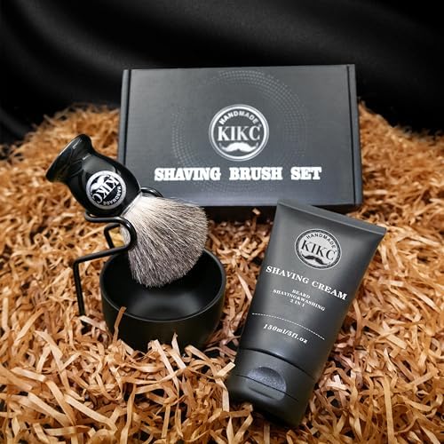 5 in 1 Shaving Kit for Wet Shave, Set Includes Hand Crafted Pure Badger Shave Brush, Stainless Steel Lathering Soap Bowl, Shave Brush Stand, Shaving Cream, Best Gift for Bearded Man, Deluxe Black