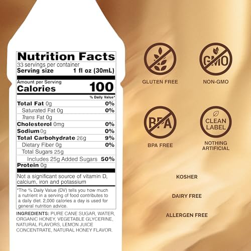 Monin - Honey Syrup, Smooth Sweet Honey Flavor, Great for Teas, Lemonades, Cocktails, & Coffee, Gluten-Free, Non-GMO (1 Liter, 2-Pack)
