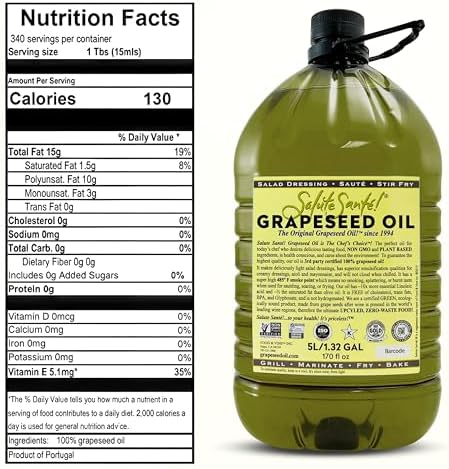 Salute Santé! Grapeseed Oil – Cold Pressed & 100% Grape Oil – “Good Inside and Out” Healthy Cooking Oil – 5 Liter Jug – High Heat, Non-GMO, Kosher, Vegan, Heart-Healthy Culinary Essential