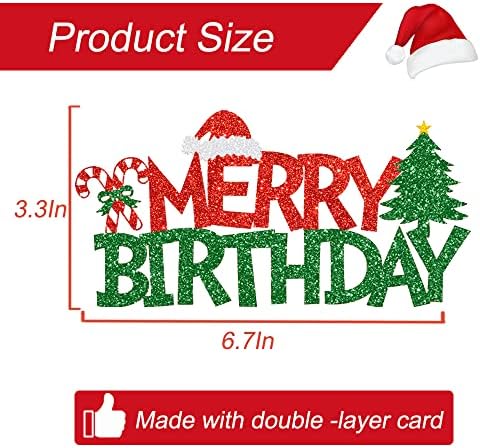 Merry Birthday Cake Topper Red &Green Glitter Christmas Birthday Cake Decoration Christmas Birthday Party Cake Food Picks for Winter Onederland Xmas Birthday Baby Shower Decorations