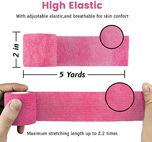 FRESINIDER 9 Rolls Self Adhesive Wrap Athletic Tape Gauze, Breathable Elastic Cohesive Bandage for Sports Injury & Pet (7 Pcs 2" x 5 Yards + 2 Pcs 1" X 5 Yards) (Pink)