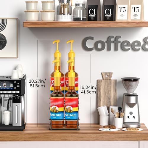 THYGIFTREE Coffee Syrup Rack Organizer 4 Bottle Syrup Holder Stand 2-Tier Storage Shelves for Kitchen Coffee Bar Station