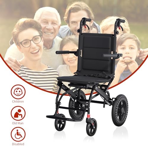Ultra-Lightweight Folding Wheelchair, Travel Wheelchairs with Foldable Pedals and Flip-Backs Arms, Handbrake & Telescopic Handle, Handle Manual Wheelchair 12" Wheel
