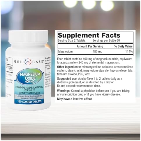 GeriCare Magnesium Oxide Supplement 240 mg - Elemental Magnesium, 120 Tablets – Essential Mineral Support - Promotes Vascular Health, Bone Strength, and Muscle Function (Pack of 6)