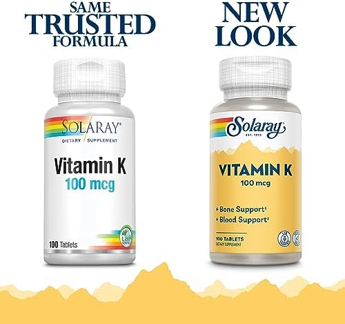 SOLARAY Vitamin K1 Supplement for Men & Women - Vitamin K 1 100 mcg for Bone Health & Blood Support, VIT K Daily Dietary Supplement, Vegan - 100 Tablet Ct