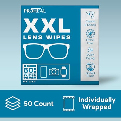 XXL Lens Wipes, 50 Count - 9.8"x6.7" Eye Glasses Cleaner Wipes for Lenses, Watches, Display Screens, and More - Cleans and Shines - Quick Drying, No Smear with Isopropyl Alcohol