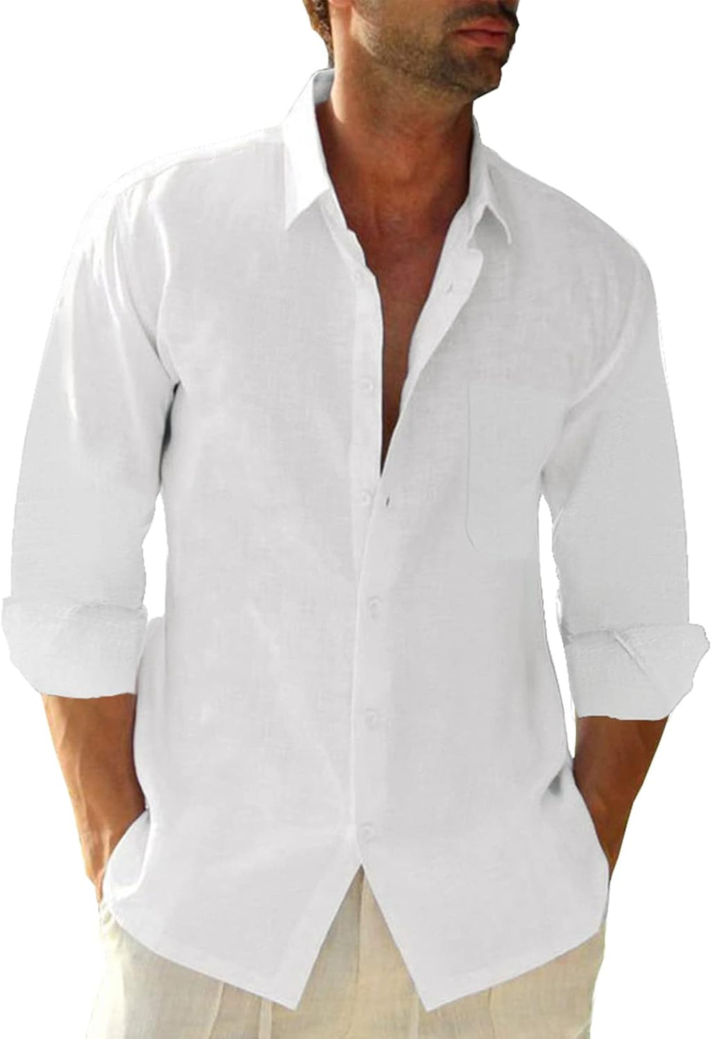 JEKAOYI Button Down Linen Shirts for Men Casual Long Sleeve Regular Fit Cotton Beach Shirts with Pocket