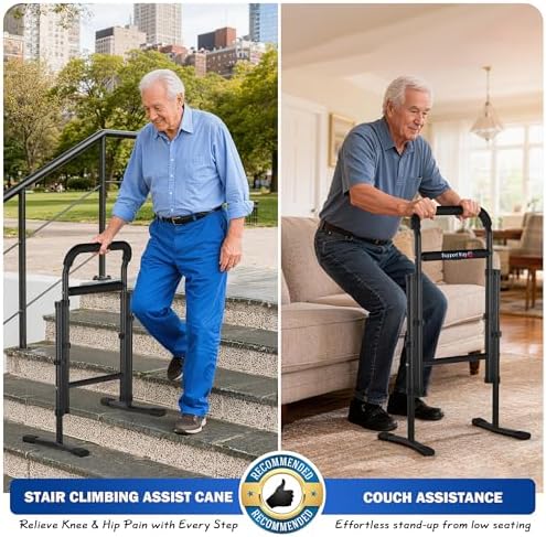 Stair Assist Cane for Seniors, 2-in-1 Standing & Lifting Aid for Couch and Chair, Adjustable Height Climbing Cane with Wide Anti-Slip Base, Portable Mobility Support for Steps, Bathroom, Bedside