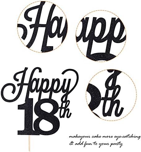 1 Pack Happy 18th Cake Topper Black Glitter Number 18 Eighteen Birthday Cake Pick Decorations for Cheers to 18 Years Old 18th Birthday Wedding Anniversary Party Supplies Black