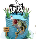 Gone Fishing Cake Topper with Largemouth Bass Sign Fisherman Happy Birthday Sign